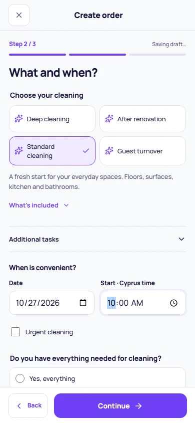 Actual request screen: cleaning service, additional tasks and preferred time