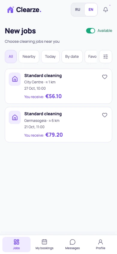 Independent cleaner job feed with synthetic demo data